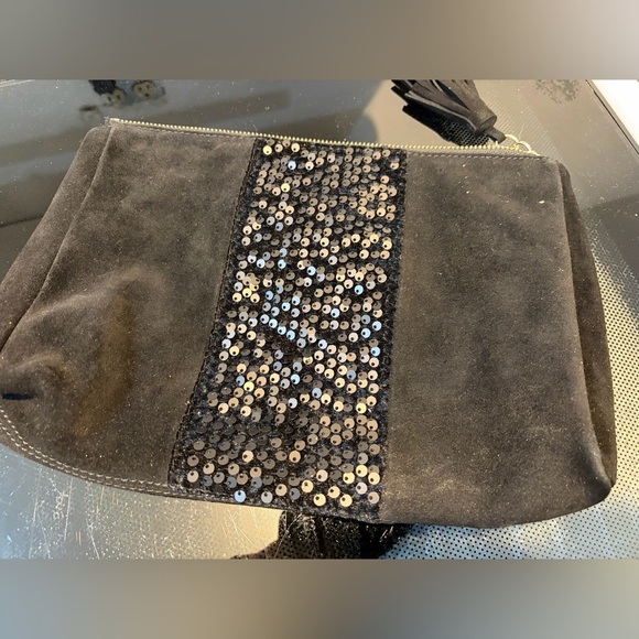 J. McLaughlin Black Suede with sequence tassel clutch - Picture 2 of 4